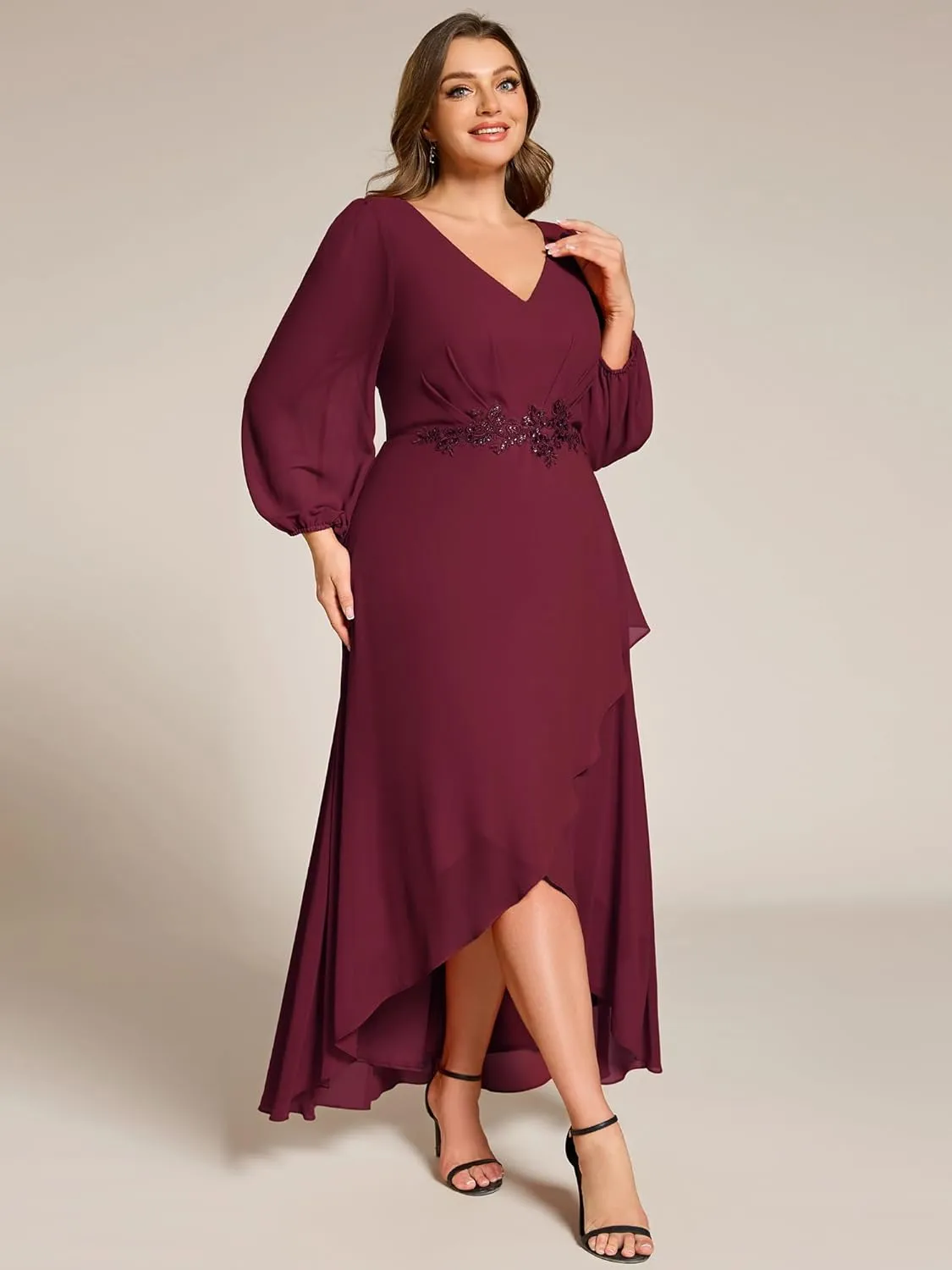 Ever-Pretty Plus Women's V Neck Long Sleeves Applique Chiffon Plus Size Fall Mother of The Bride Dress Formal Dress 03027-DA