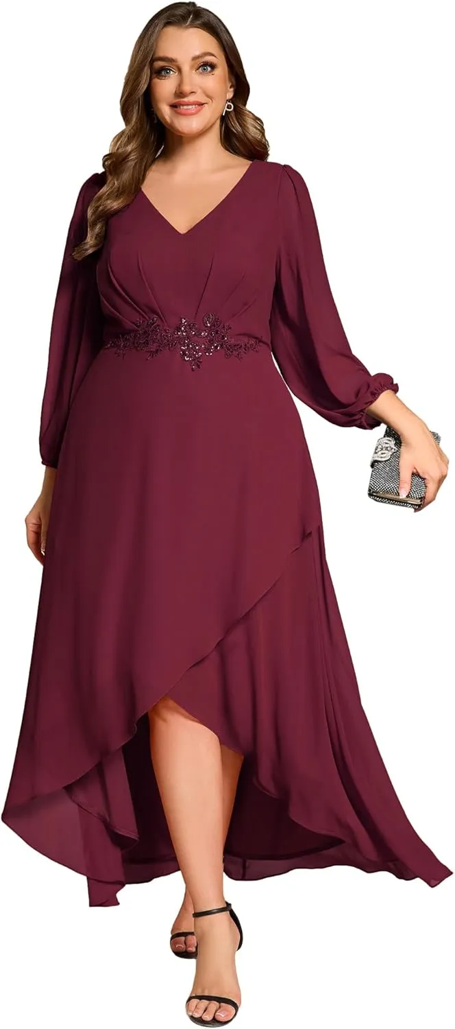 Ever-Pretty Plus Women's V Neck Long Sleeves Applique Chiffon Plus Size Fall Mother of The Bride Dress Formal Dress 03027-DA