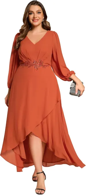 Ever-Pretty Plus Women's V Neck Long Sleeves Applique Chiffon Plus Size Fall Mother of The Bride Dress Formal Dress 03027-DA