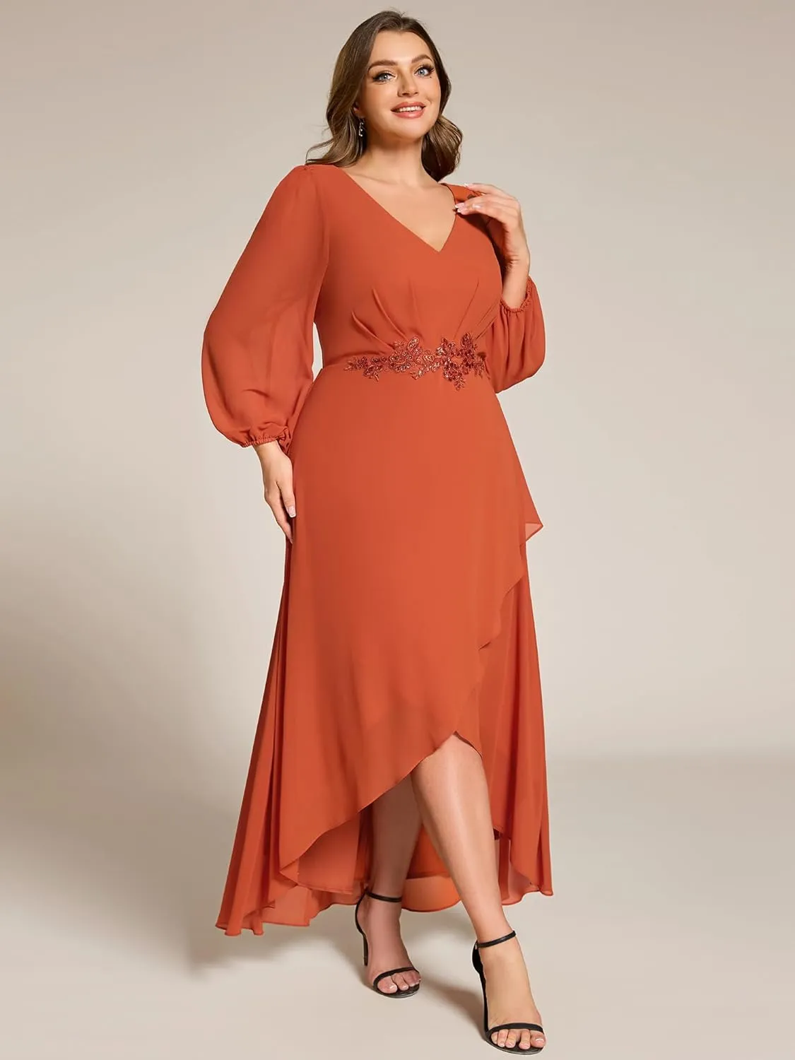 Ever-Pretty Plus Women's V Neck Long Sleeves Applique Chiffon Plus Size Fall Mother of The Bride Dress Formal Dress 03027-DA