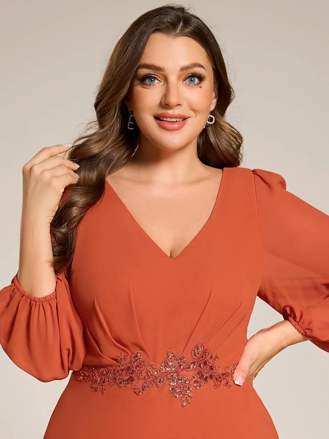 Ever-Pretty Plus Women's V Neck Long Sleeves Applique Chiffon Plus Size Fall Mother of The Bride Dress Formal Dress 03027-DA