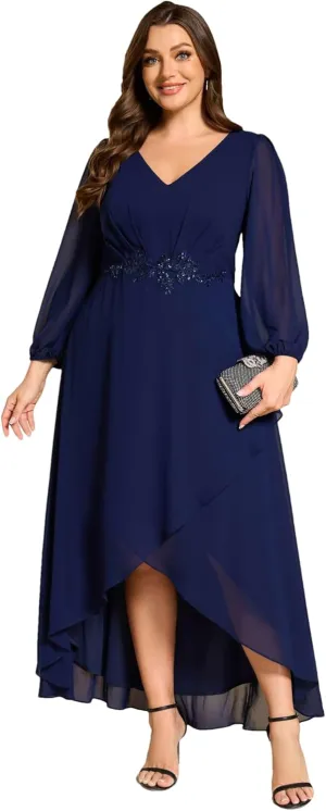 Ever-Pretty Plus Women's V Neck Long Sleeves Applique Chiffon Plus Size Fall Mother of The Bride Dress Formal Dress 03027-DA