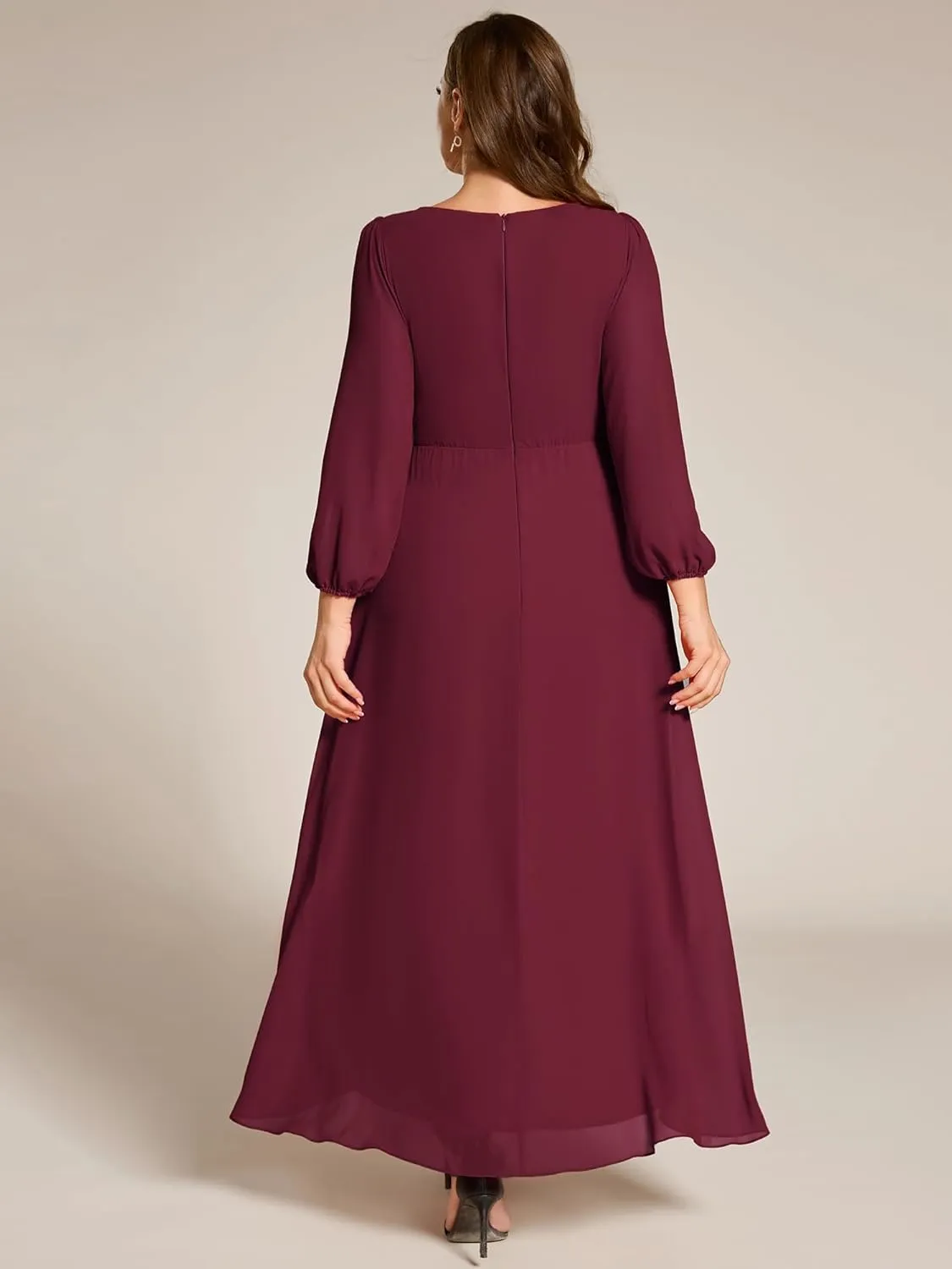 Ever-Pretty Plus Women's V Neck Long Sleeves Applique Chiffon Plus Size Fall Mother of The Bride Dress Formal Dress 03027-DA