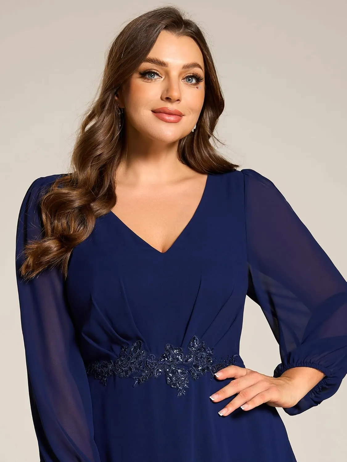 Ever-Pretty Plus Women's V Neck Long Sleeves Applique Chiffon Plus Size Fall Mother of The Bride Dress Formal Dress 03027-DA