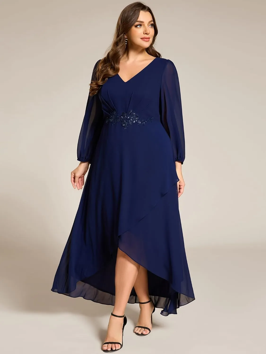 Ever-Pretty Plus Women's V Neck Long Sleeves Applique Chiffon Plus Size Fall Mother of The Bride Dress Formal Dress 03027-DA
