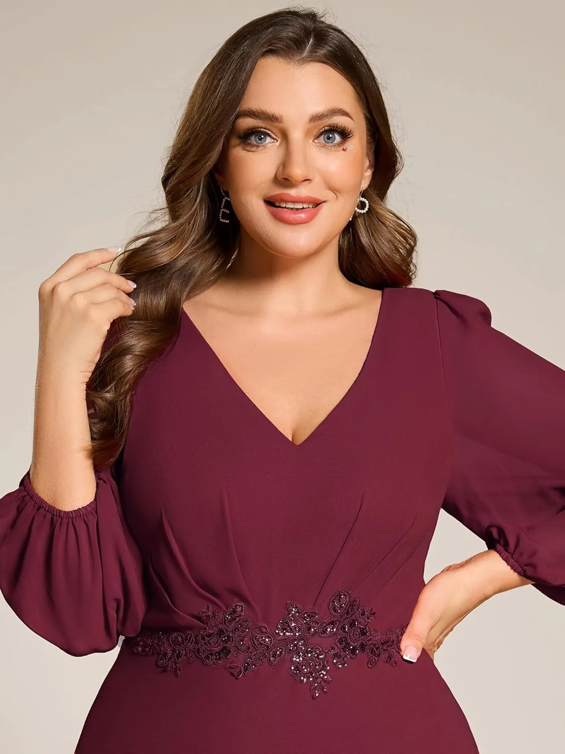Ever-Pretty Plus Women's V Neck Long Sleeves Applique Chiffon Plus Size Fall Mother of The Bride Dress Formal Dress 03027-DA