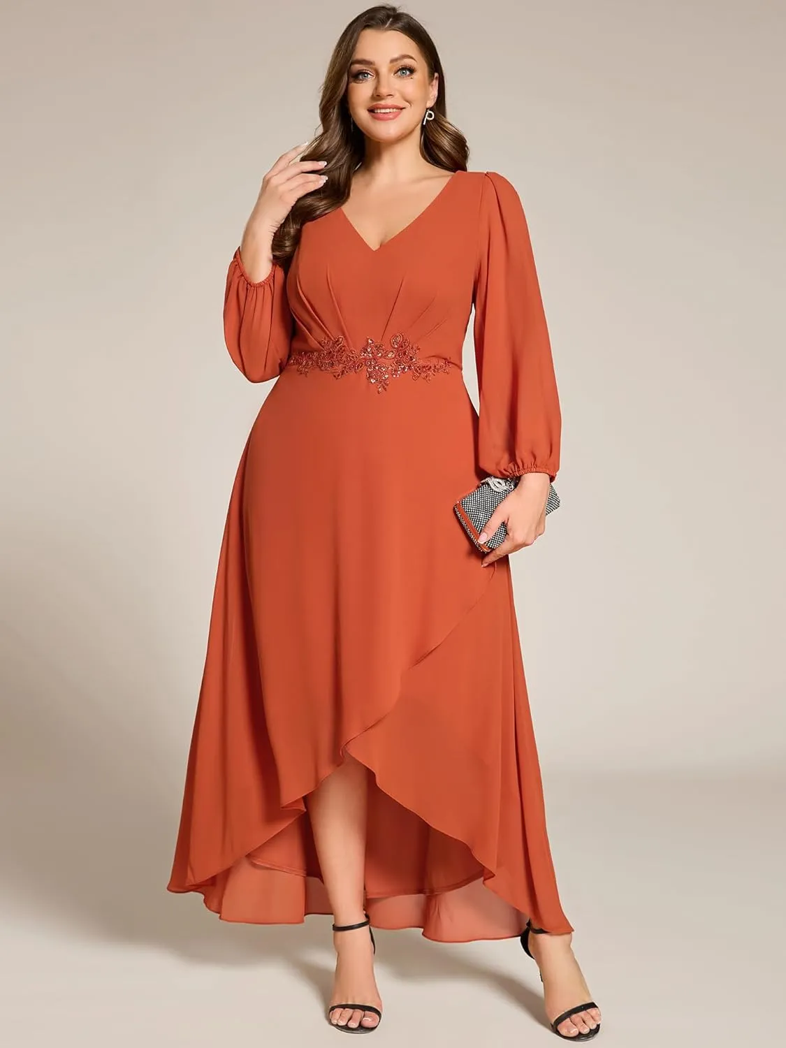 Ever-Pretty Plus Women's V Neck Long Sleeves Applique Chiffon Plus Size Fall Mother of The Bride Dress Formal Dress 03027-DA