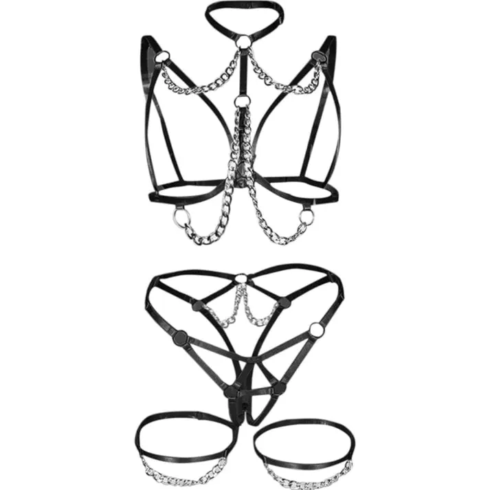 Exposed Breast Webbing Metal Chain Decorative Suspender Sexy Lingerie Set