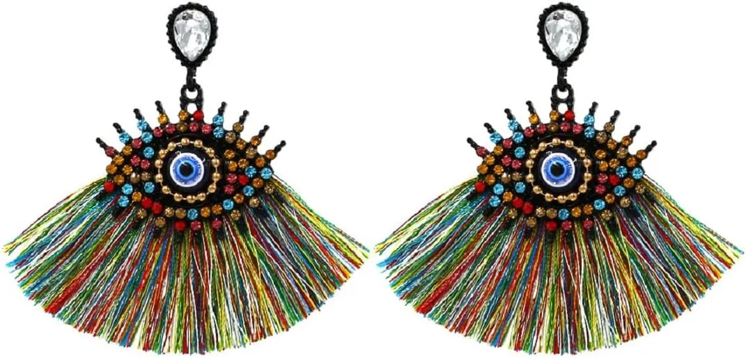 Eye Earrings for Women, Multicolor Evil Eye Tassel Earrings for Womens, Colorful Devil Eye Fringe Earrings, Cute Eye Dangle Earrings Hypoallergenic, Sterling Silver, No Gemstone