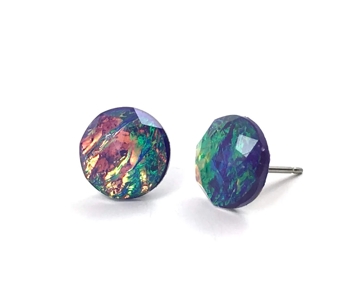 Faceted Resin Plum Purple Fire Synthetic Opal Studs - Crystal Prism Rainbow Earrings - Titanium or Stainless Steel Posts Nickel Free, 8mm or 10mm