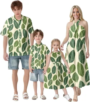 Family Matching Hawaiian Outfits, Dad and Son Beach Vacation Polo Button Down Shirts Mommy Daughter Dress