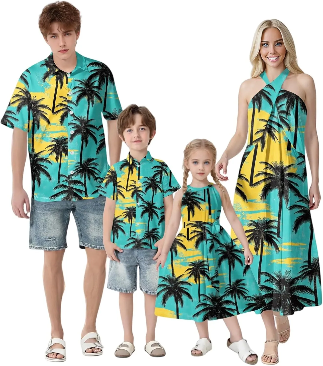 Family Matching Hawaiian Outfits, Dad and Son Beach Vacation Polo Button Down Shirts Mommy Daughter Dress