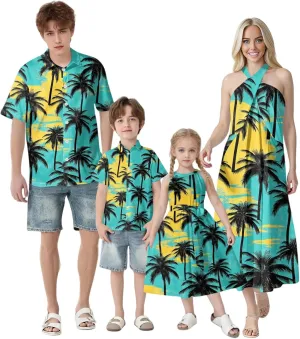 Family Matching Hawaiian Outfits, Dad and Son Beach Vacation Polo Button Down Shirts Mommy Daughter Dress
