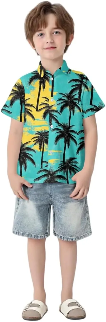 Family Matching Hawaiian Outfits, Dad and Son Beach Vacation Polo Button Down Shirts Mommy Daughter Dress