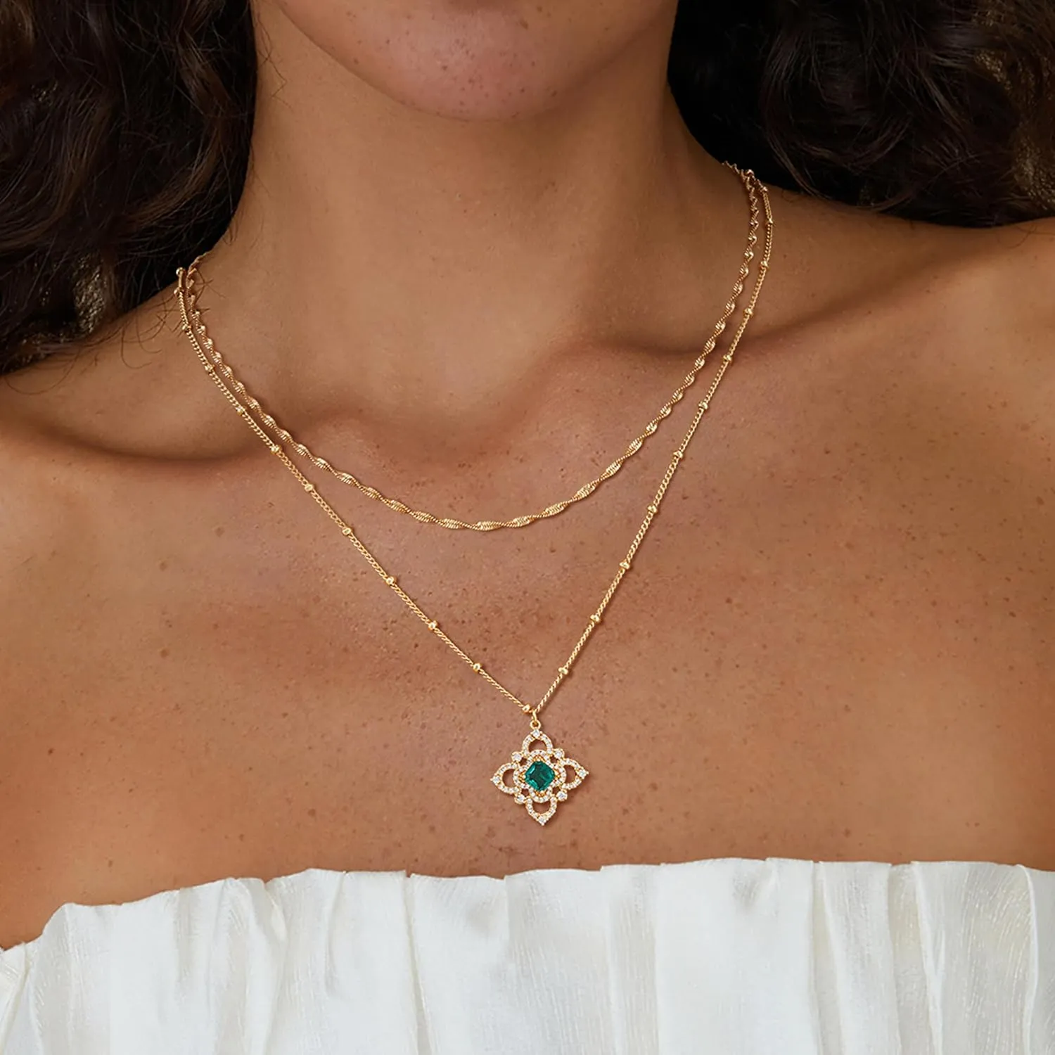 Fettero Layered Gold Necklaces for Women Dainty Necklace 14K Gold Plated Layered Necklaces Trendy Charm Floral Clover Pendant Necklace Stack Neckalce Jewelry Set for Engagement Birthday