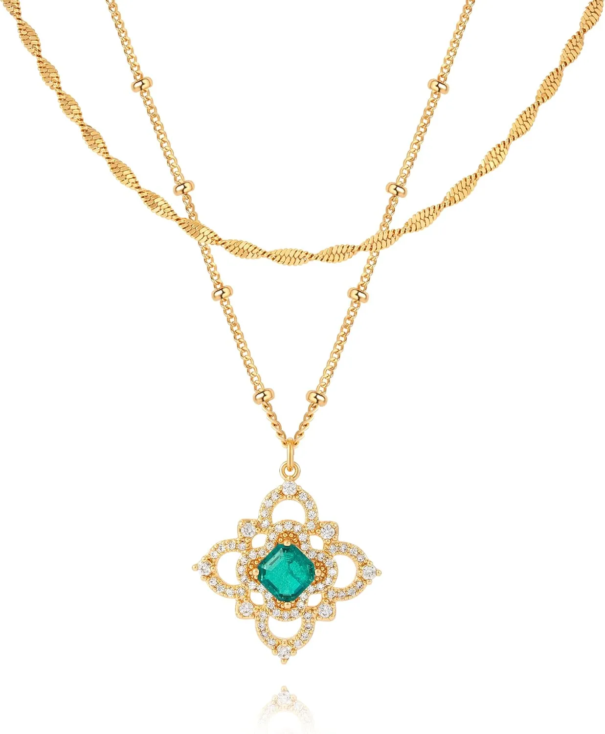 Fettero Layered Gold Necklaces for Women Dainty Necklace 14K Gold Plated Layered Necklaces Trendy Charm Floral Clover Pendant Necklace Stack Neckalce Jewelry Set for Engagement Birthday