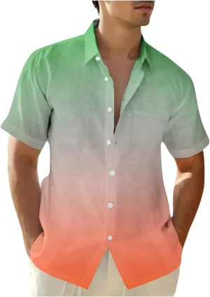 Finelylove Mens Button Down Short Sleeve Shirt Gradient Color Regular Fit Hawaiian Shirt Lightweight Casual Summer Shirts