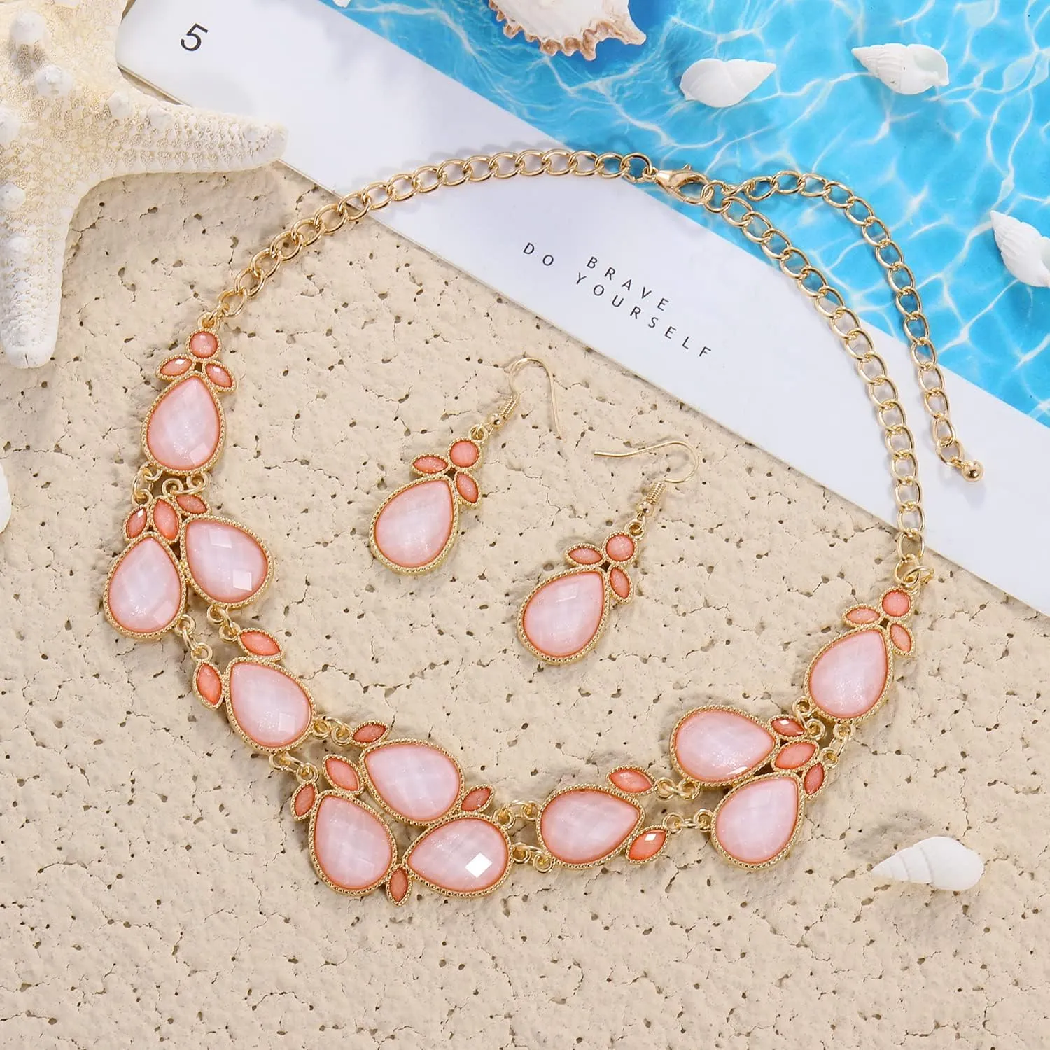 Firstmeet Shiny Resin Water Drop Collar Necklace with Earrings