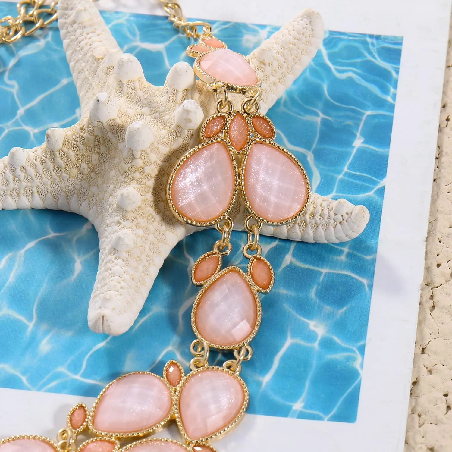 Firstmeet Shiny Resin Water Drop Collar Necklace with Earrings