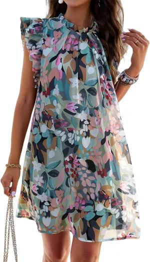Floral Dresses for Women Summer Loose Casual Short Ruffle Sleeve Print Mini Dress S~XL