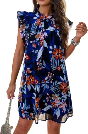 Floral Dresses for Women Summer Loose Casual Short Ruffle Sleeve Print Mini Dress S~XL