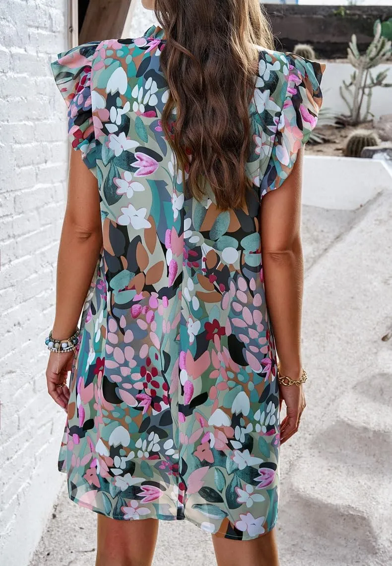 Floral Dresses for Women Summer Loose Casual Short Ruffle Sleeve Print Mini Dress S~XL