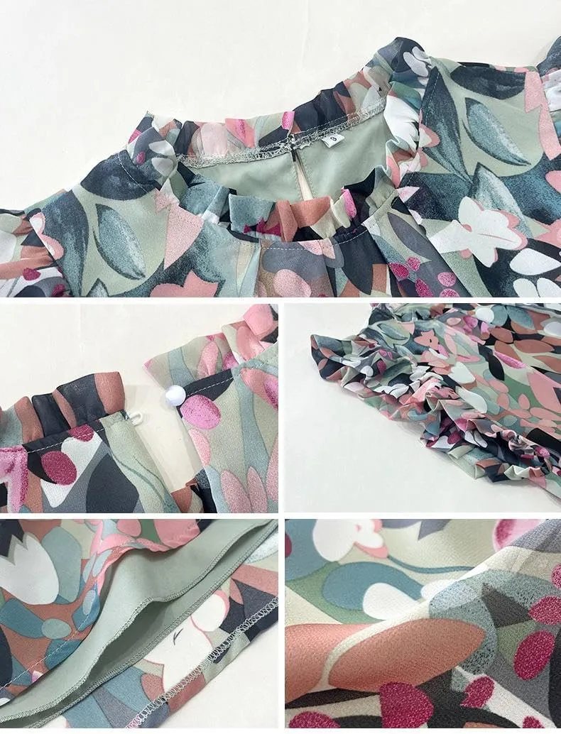 Floral Dresses for Women Summer Loose Casual Short Ruffle Sleeve Print Mini Dress S~XL