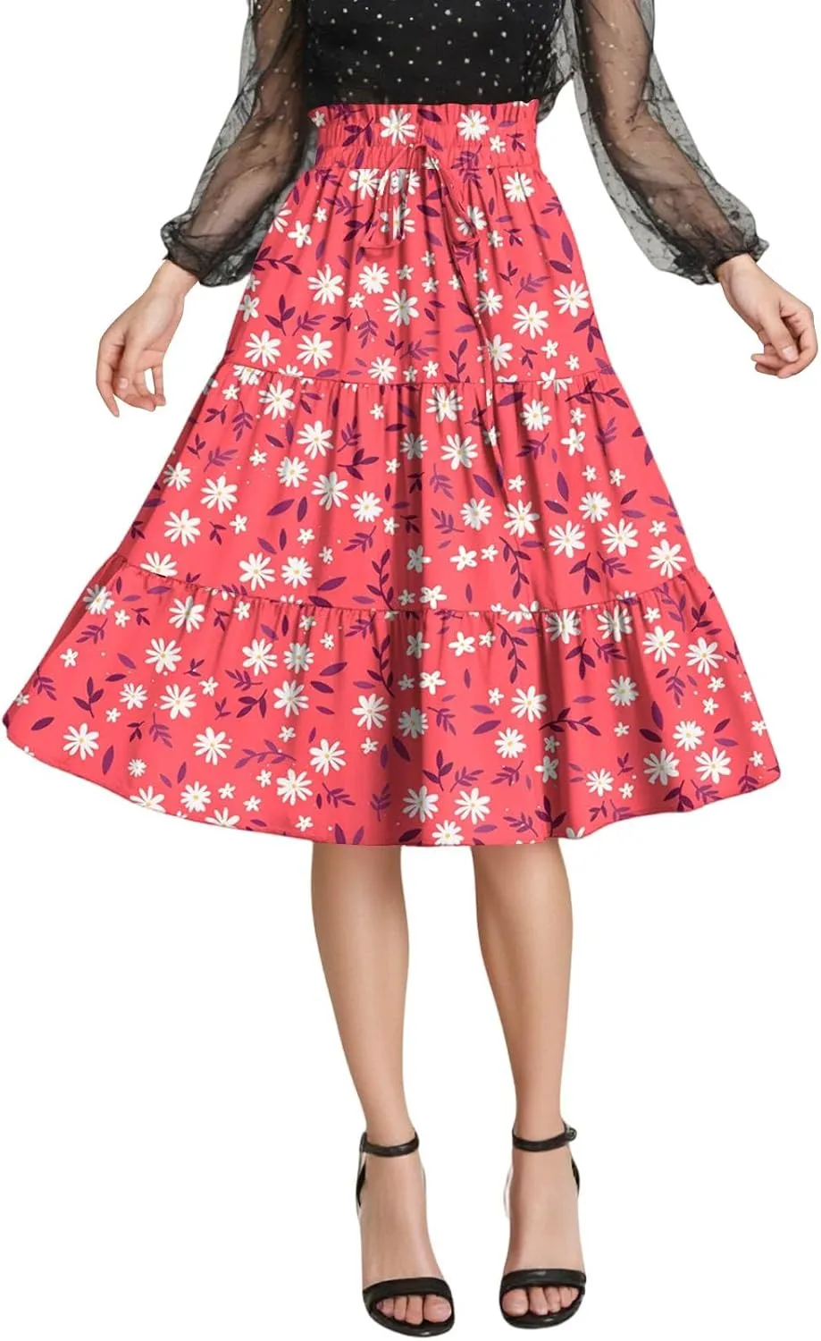 Floral Midi Skirts for Women Summer Comfy Tiered Elastic High Waisted Skirts Vacation A Line Flowy Swing Maxi Skirt