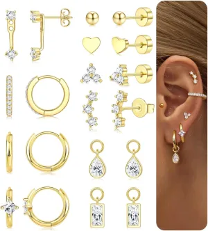 Florideco Hypoallergenic Gold Earrings for Women Surgical Stainless Steel Flat Back Earrings 14K Gold Small Stud Hoop Earring Stacks with CZ Charm Cartilage Earring Set for Multiple Piercing Jewelry