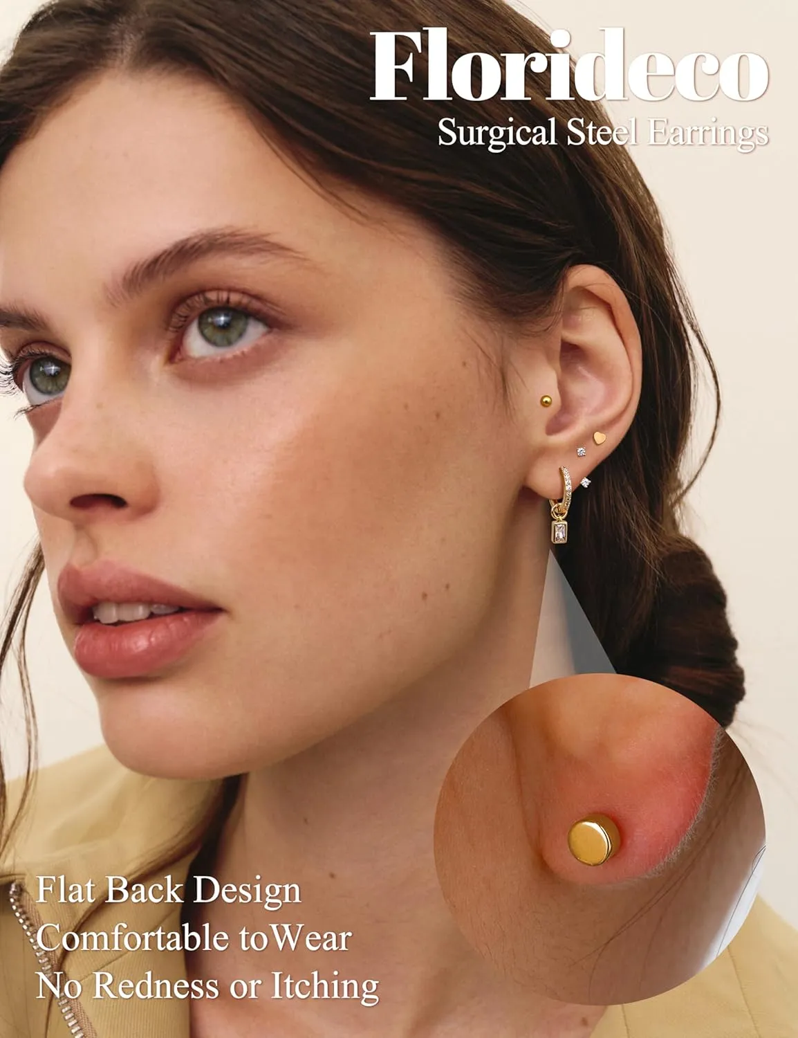 Florideco Hypoallergenic Gold Earrings for Women Surgical Stainless Steel Flat Back Earrings 14K Gold Small Stud Hoop Earring Stacks with CZ Charm Cartilage Earring Set for Multiple Piercing Jewelry