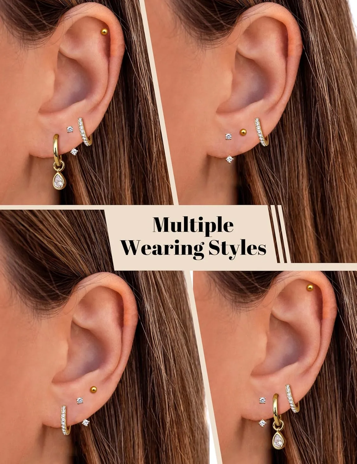 Florideco Hypoallergenic Gold Earrings for Women Surgical Stainless Steel Flat Back Earrings 14K Gold Small Stud Hoop Earring Stacks with CZ Charm Cartilage Earring Set for Multiple Piercing Jewelry