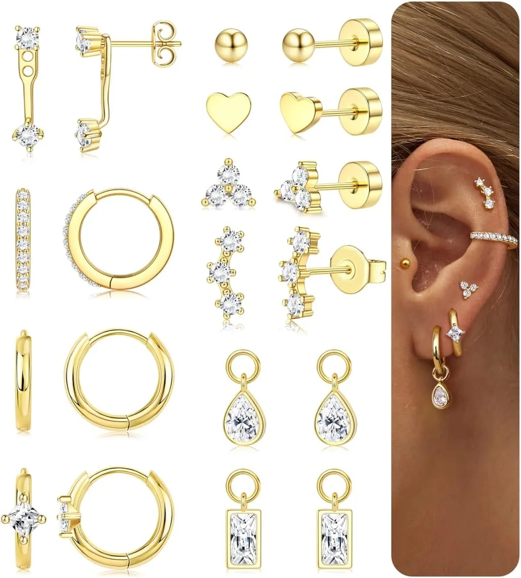Florideco Hypoallergenic Gold Earrings for Women Surgical Stainless Steel Flat Back Earrings 14K Gold Small Stud Hoop Earring Stacks with CZ Charm Cartilage Earring Set for Multiple Piercing Jewelry