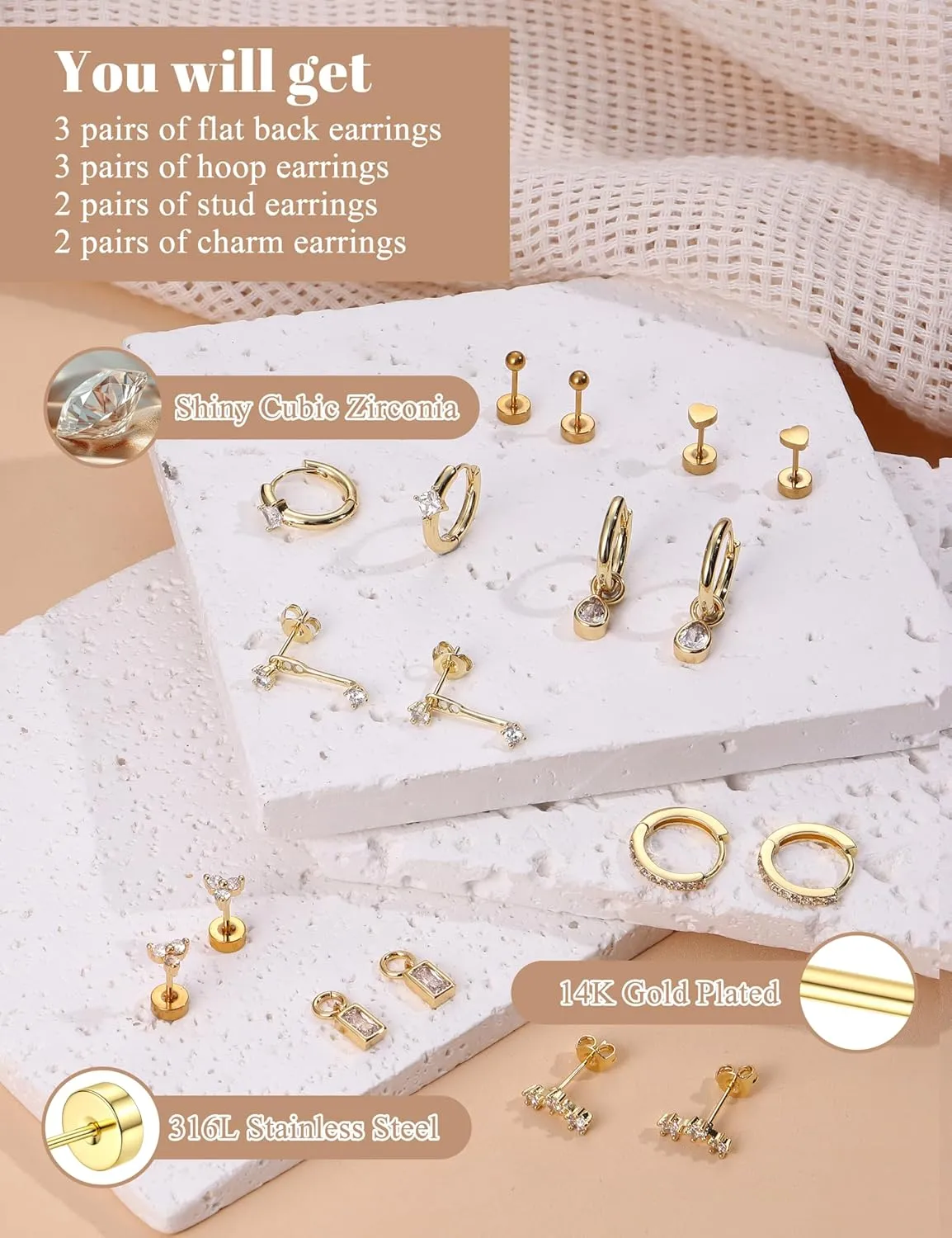 Florideco Hypoallergenic Gold Earrings for Women Surgical Stainless Steel Flat Back Earrings 14K Gold Small Stud Hoop Earring Stacks with CZ Charm Cartilage Earring Set for Multiple Piercing Jewelry