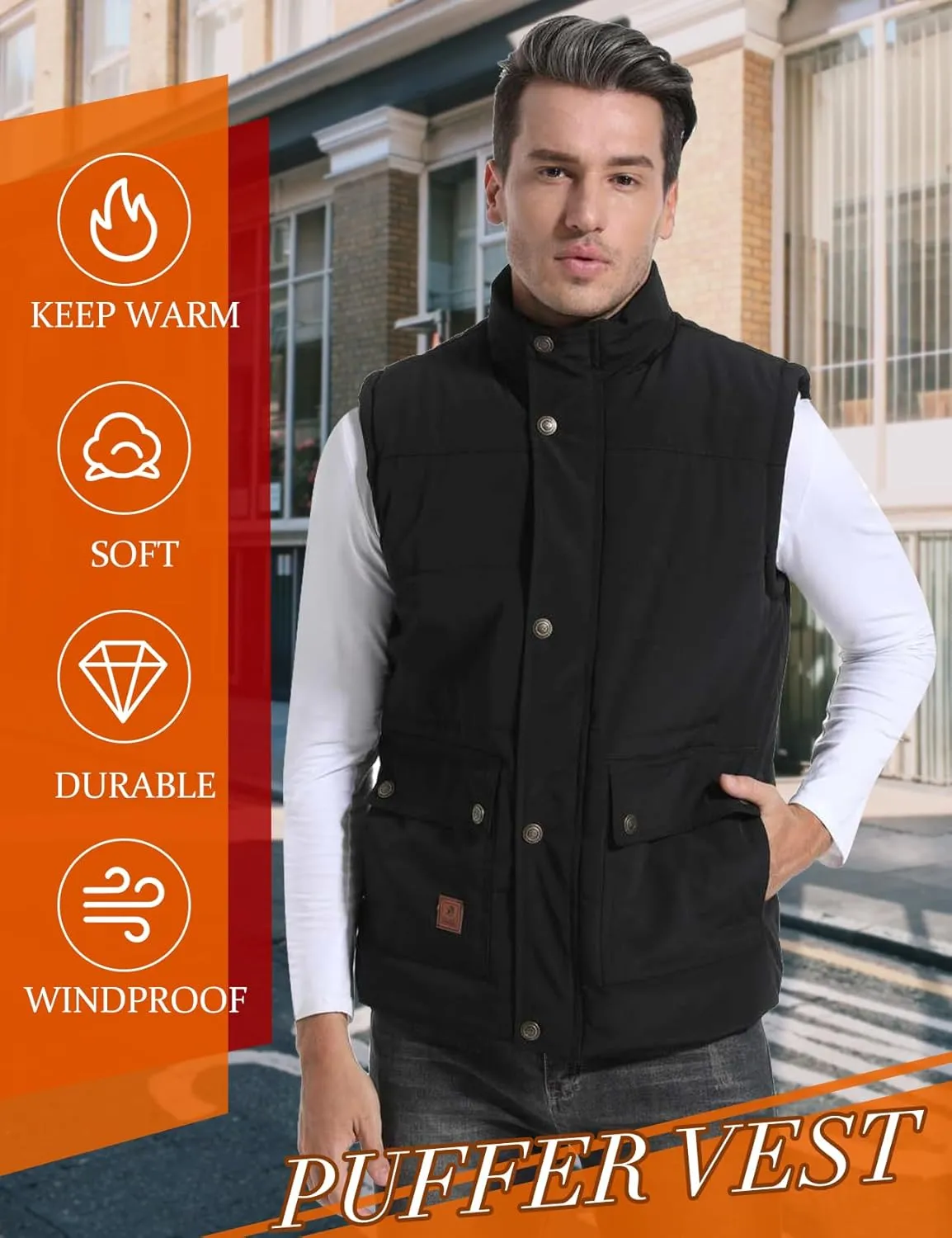 Flygo Men's Winter Warm Outdoor Padded Puffer Vest Thick Fleece Lined Sleeveless Jacket