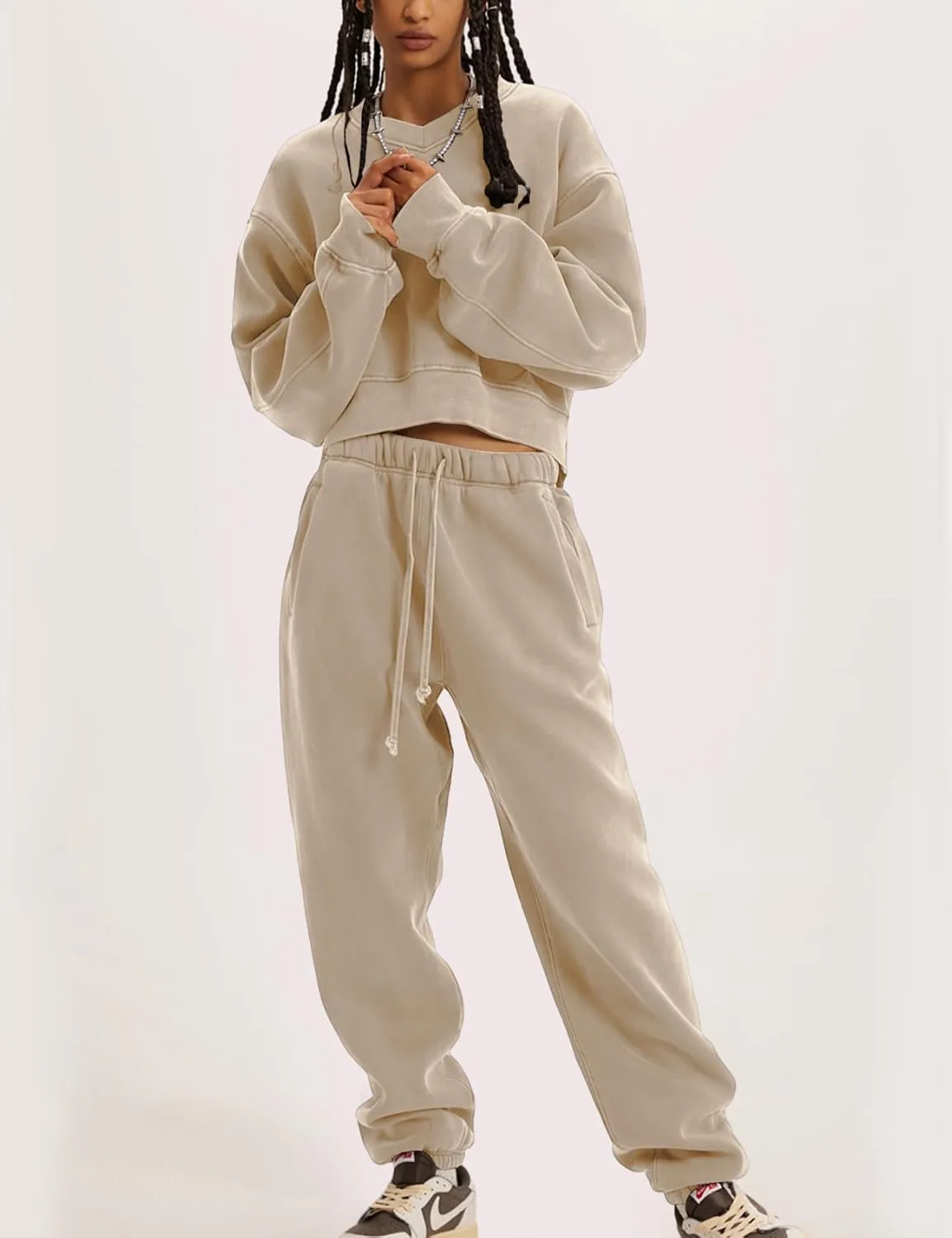 Flygo Women Sweat Set Sweatsuit Fleece 2 Piece Joggers Tracksuit Outfits Crop Sweatshirt Sweatpants Sets