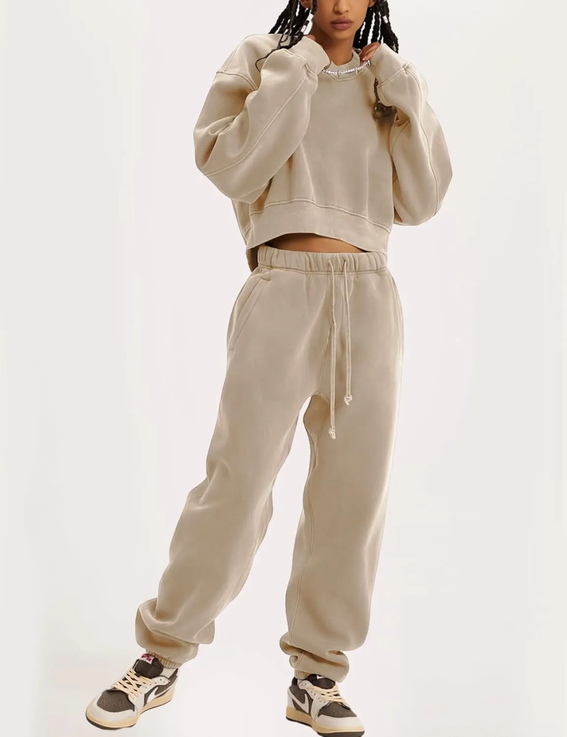 Flygo Women Sweat Set Sweatsuit Fleece 2 Piece Joggers Tracksuit Outfits Crop Sweatshirt Sweatpants Sets