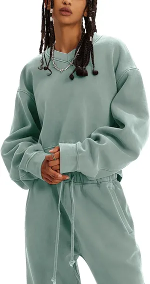 Flygo Women Sweat Set Sweatsuit Fleece 2 Piece Joggers Tracksuit Outfits Crop Sweatshirt Sweatpants Sets