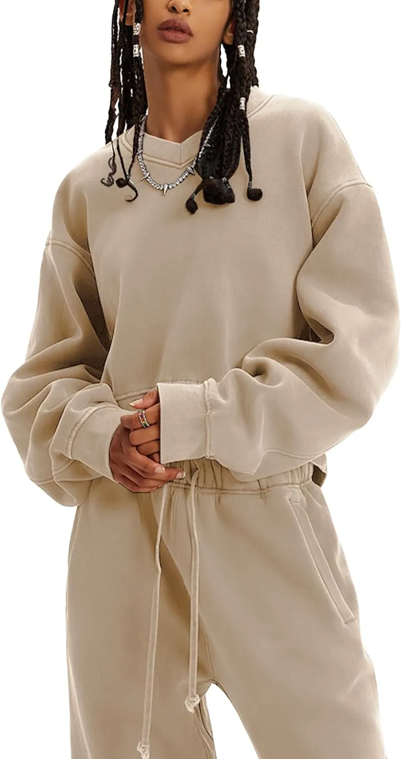 Flygo Women Sweat Set Sweatsuit Fleece 2 Piece Joggers Tracksuit Outfits Crop Sweatshirt Sweatpants Sets