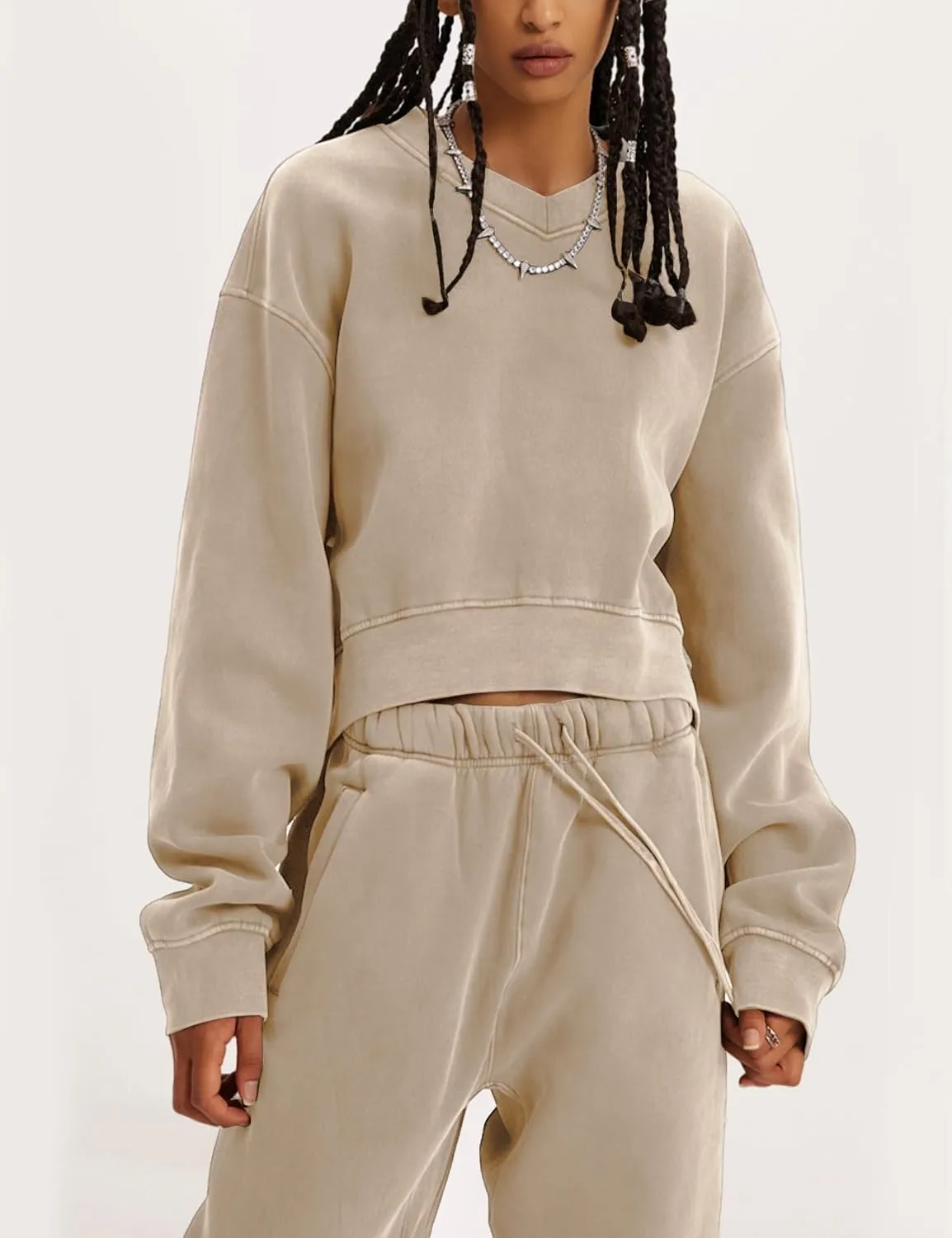 Flygo Women Sweat Set Sweatsuit Fleece 2 Piece Joggers Tracksuit Outfits Crop Sweatshirt Sweatpants Sets