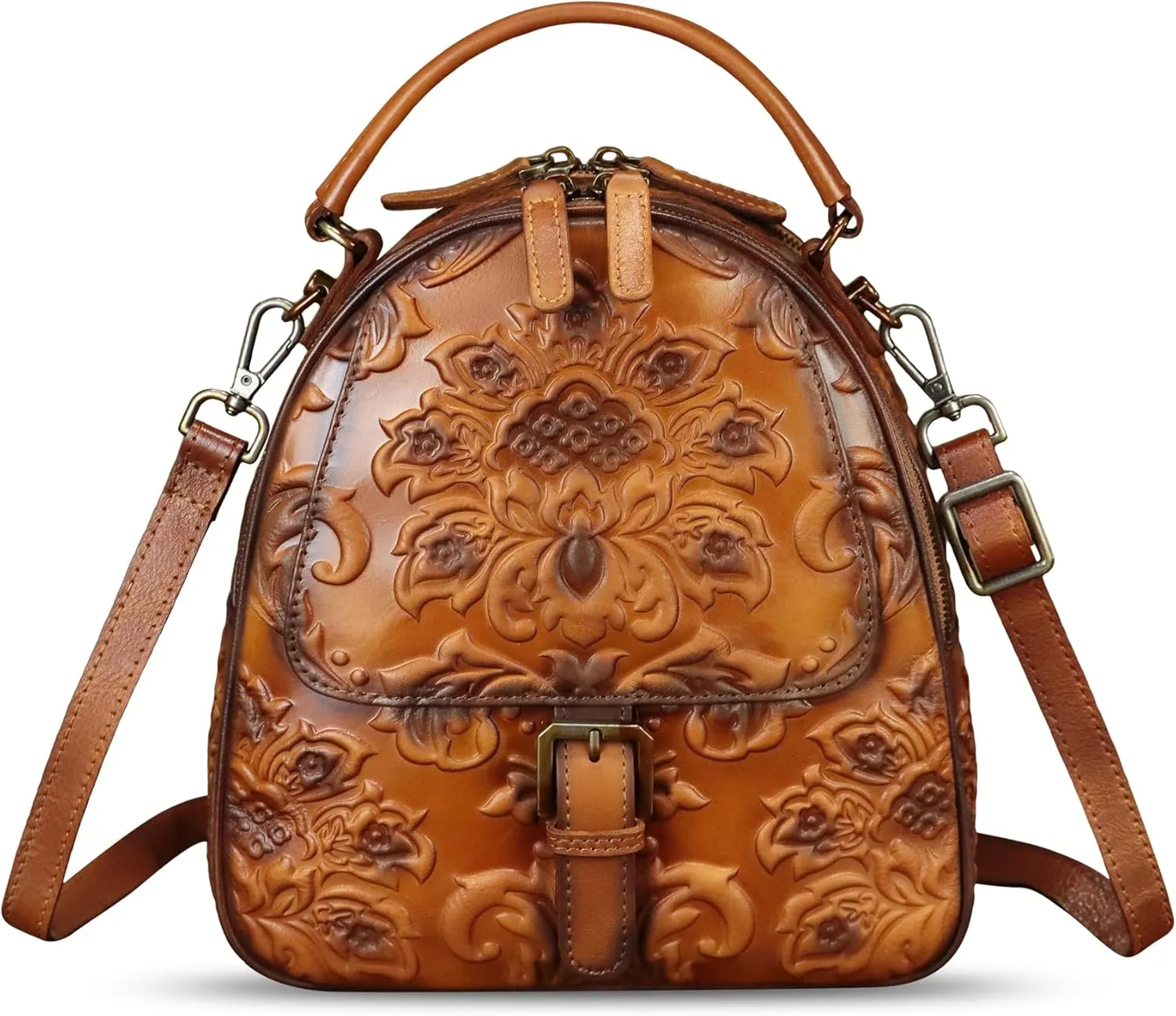 Genuine Leather Satchel for Women Purse Embossed Crossbody Handbag Top Handle Bags Handmade Convertible Backpack Knapsack