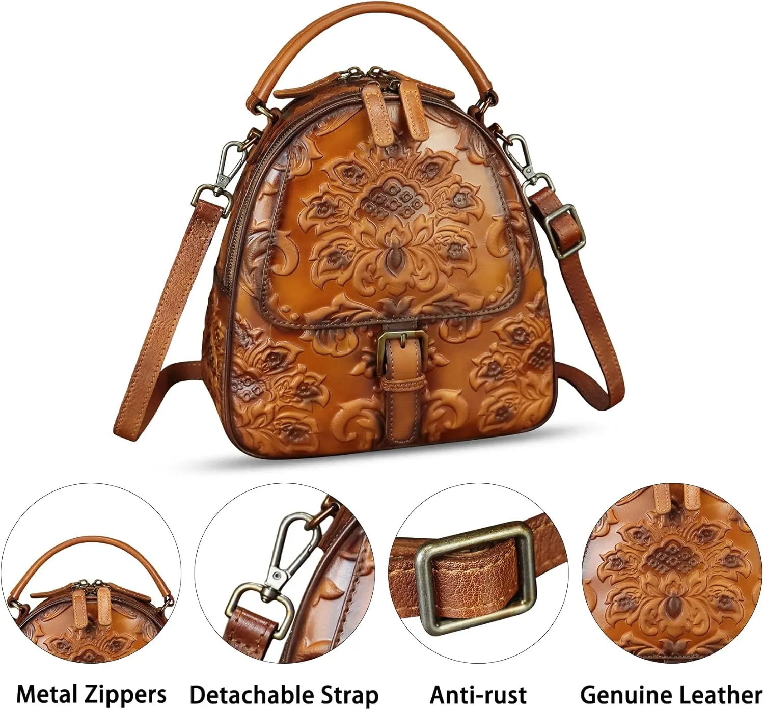 Genuine Leather Satchel for Women Purse Embossed Crossbody Handbag Top Handle Bags Handmade Convertible Backpack Knapsack
