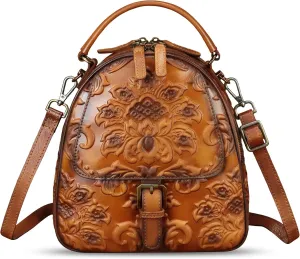 Genuine Leather Satchel for Women Purse Embossed Crossbody Handbag Top Handle Bags Handmade Convertible Backpack Knapsack