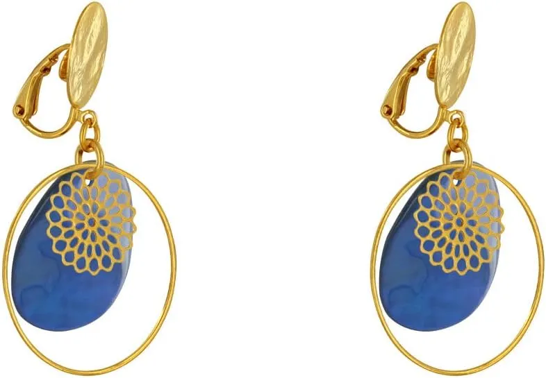 Gilt Metal Clip Earrings Circle and Resin Pastille