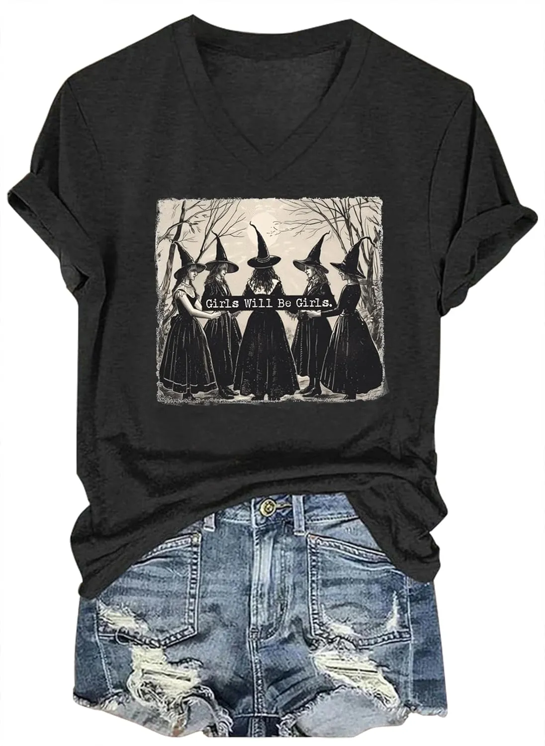 Girls Will Be Girls Shirts Witch Feminist V Neck T Shirts for Women Witchy Graphic Shirts Feminist Witch Women Tee Tops