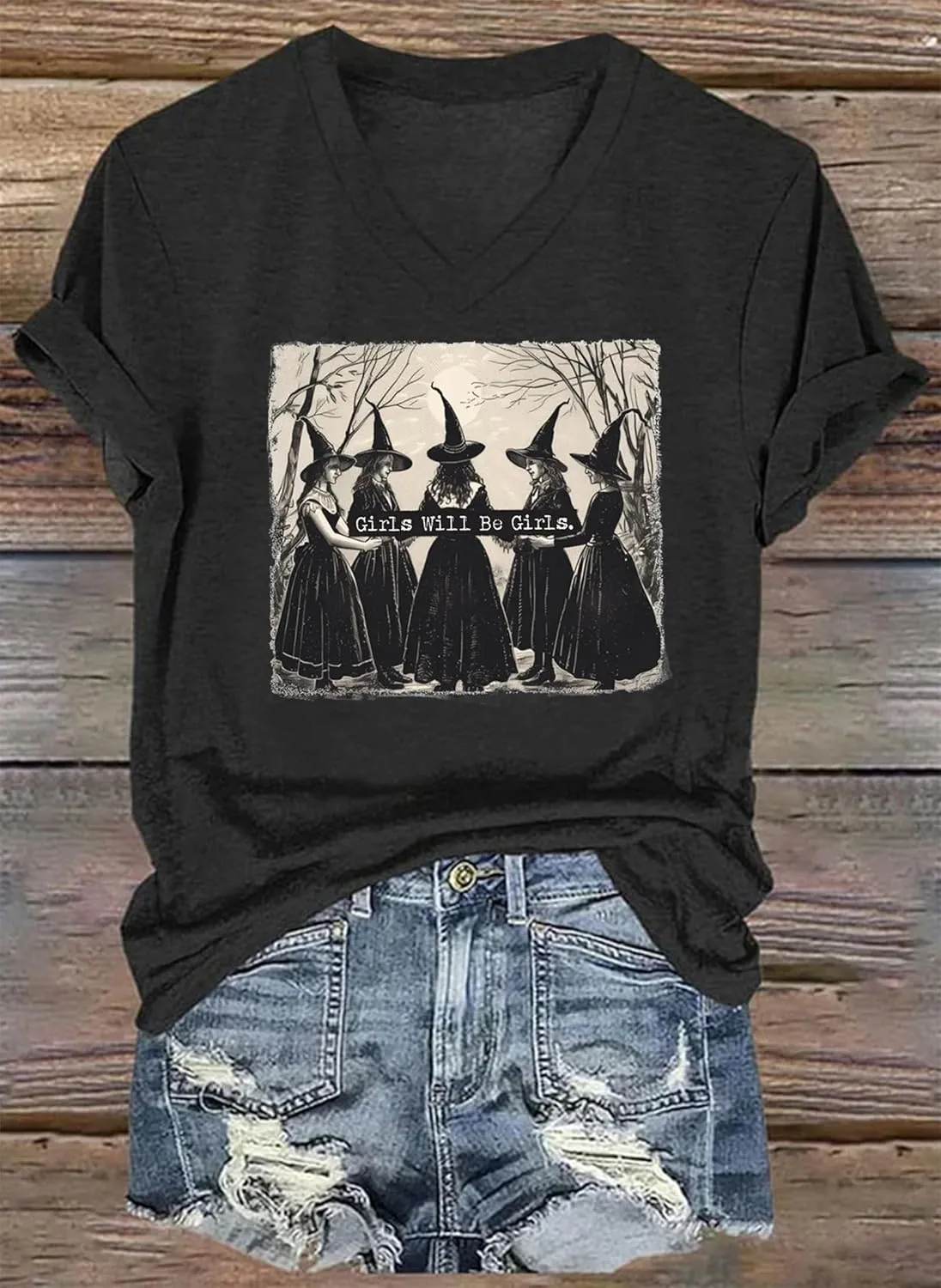 Girls Will Be Girls Shirts Witch Feminist V Neck T Shirts for Women Witchy Graphic Shirts Feminist Witch Women Tee Tops
