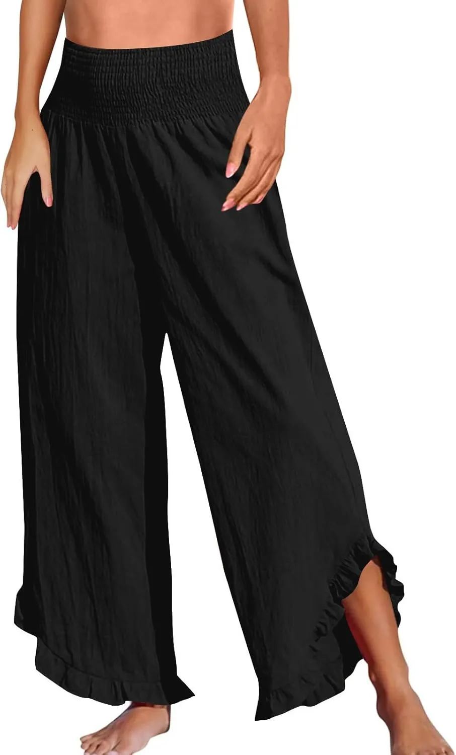 GOFULY Lined Pants Women Wide Leg Casual High Waisted Beach Pants with Pockets Elastic Waist Summer Elegant Solid Clothes