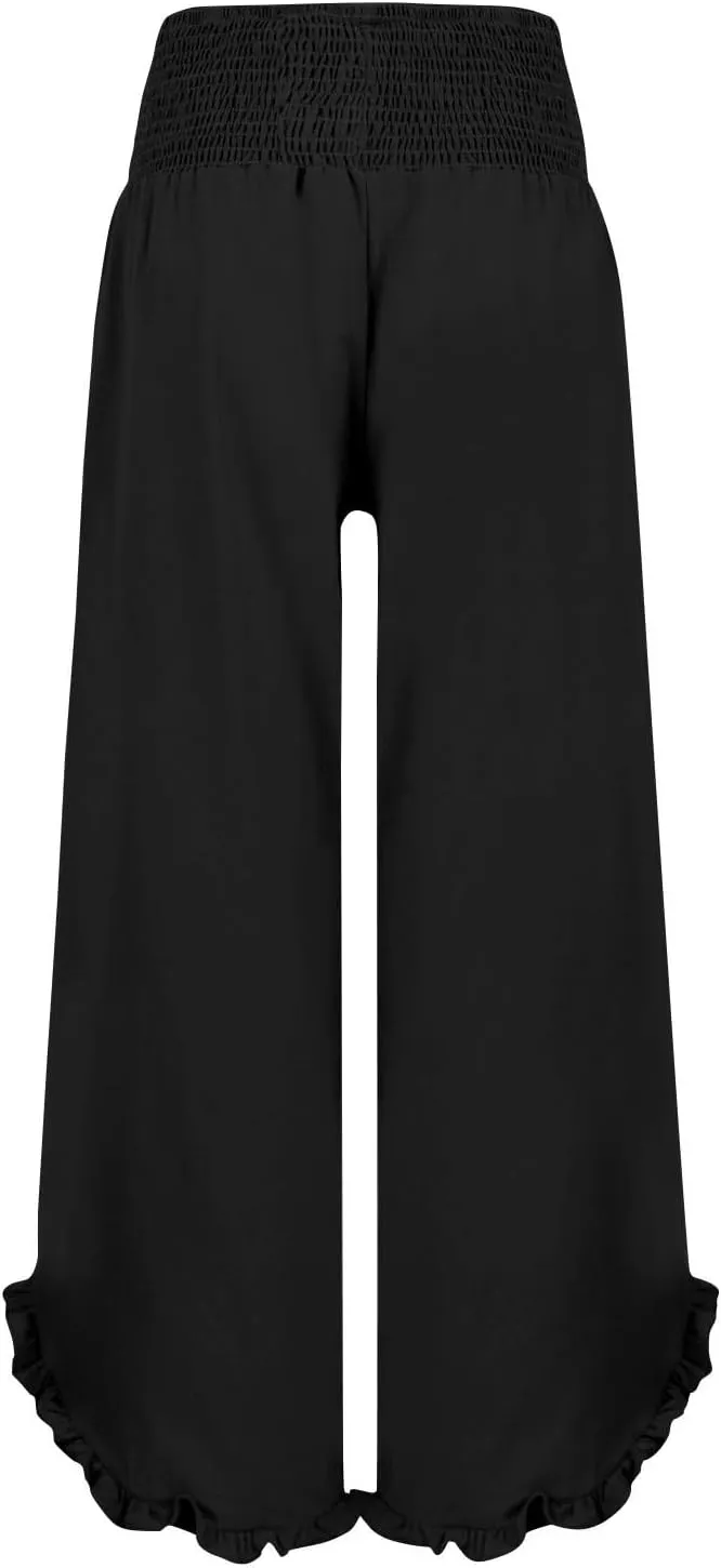 GOFULY Lined Pants Women Wide Leg Casual High Waisted Beach Pants with Pockets Elastic Waist Summer Elegant Solid Clothes