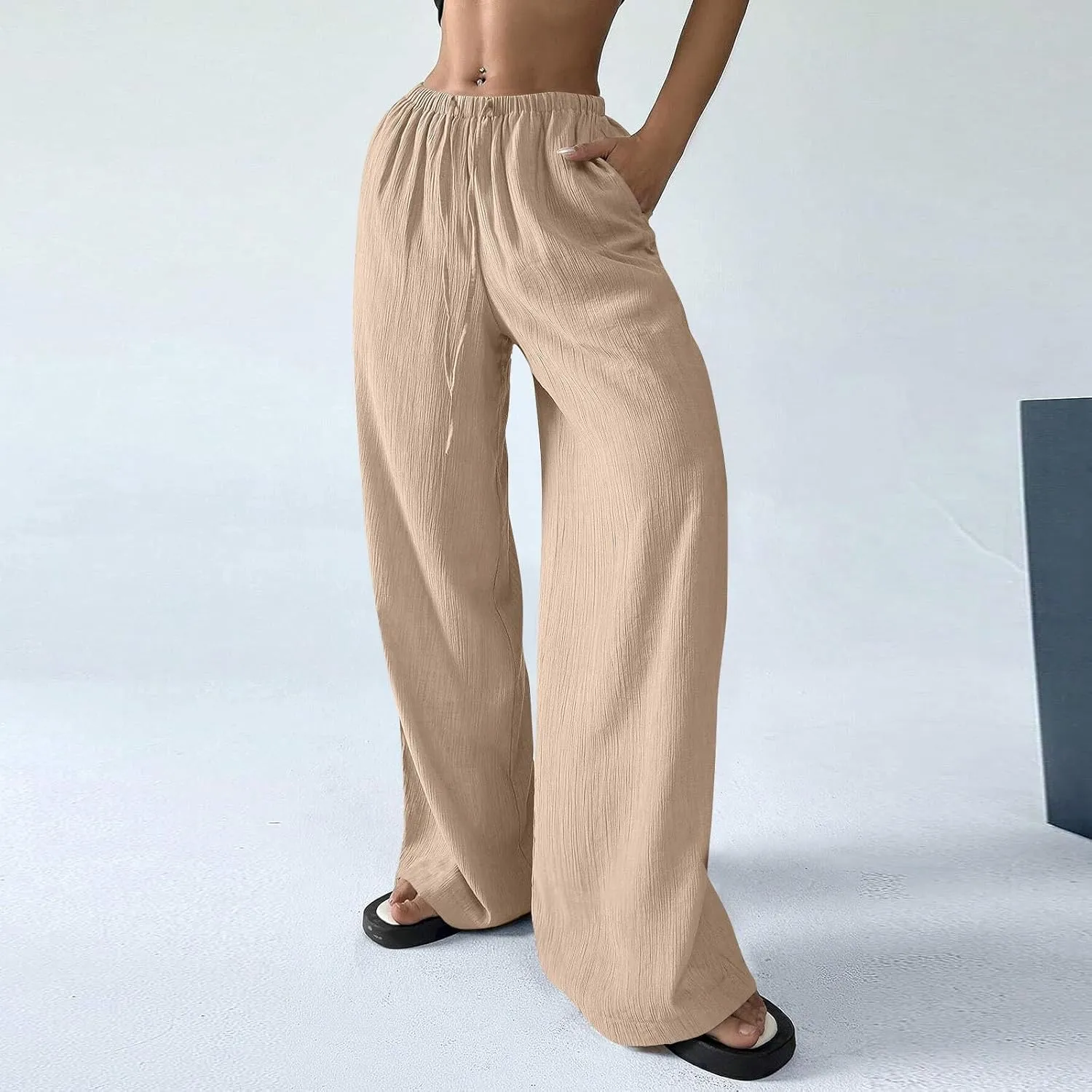 GOFULY Linen Palazzo Pants Women Wide Leg Trendy 2025 Pants High Waisted Drawstring Elastic Waist Summer Baggy Solid Trousers