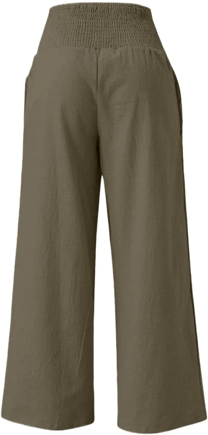 GOFULY Summer Linen Pants Women Wide Leg Cute High Rise Palazzo Pants Elastic Waist 2025 Beach Comfy Solid Clothes Pocket