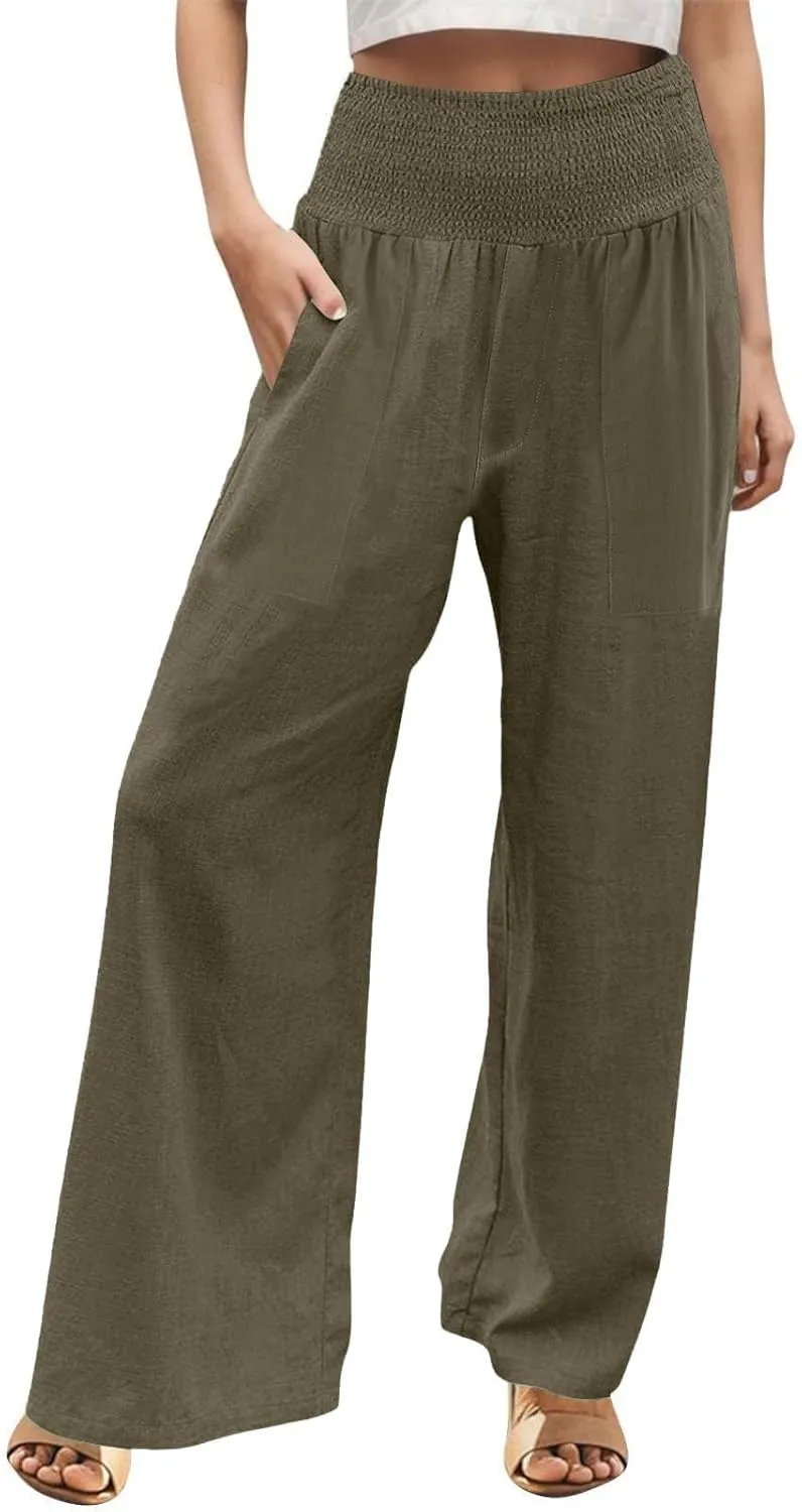 GOFULY Summer Linen Pants Women Wide Leg Cute High Rise Palazzo Pants Elastic Waist 2025 Beach Comfy Solid Clothes Pocket